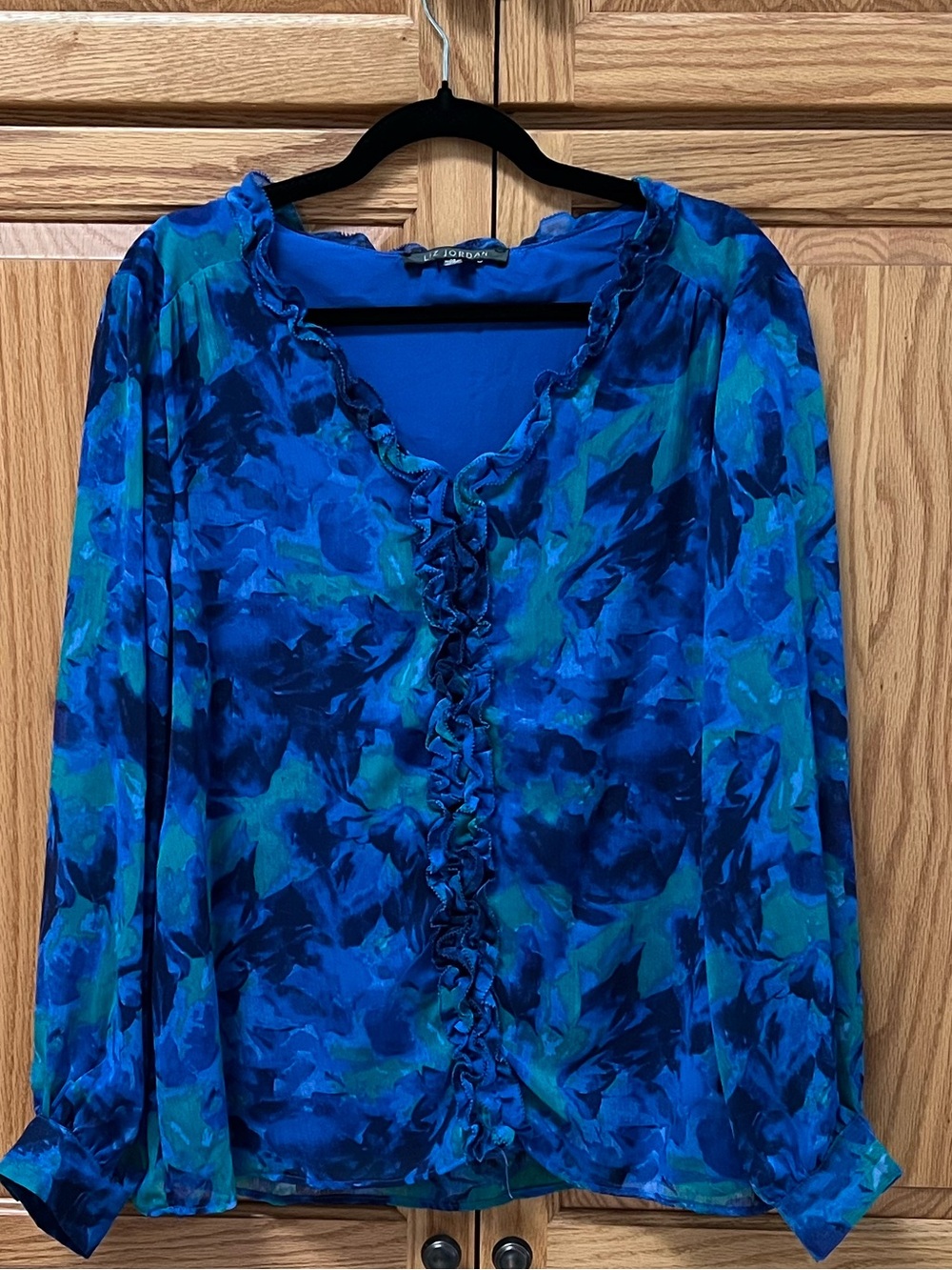 Liz Jordan L/S Blue & Teal Ruffle-Front Floral Blouse, EUC, Size 18